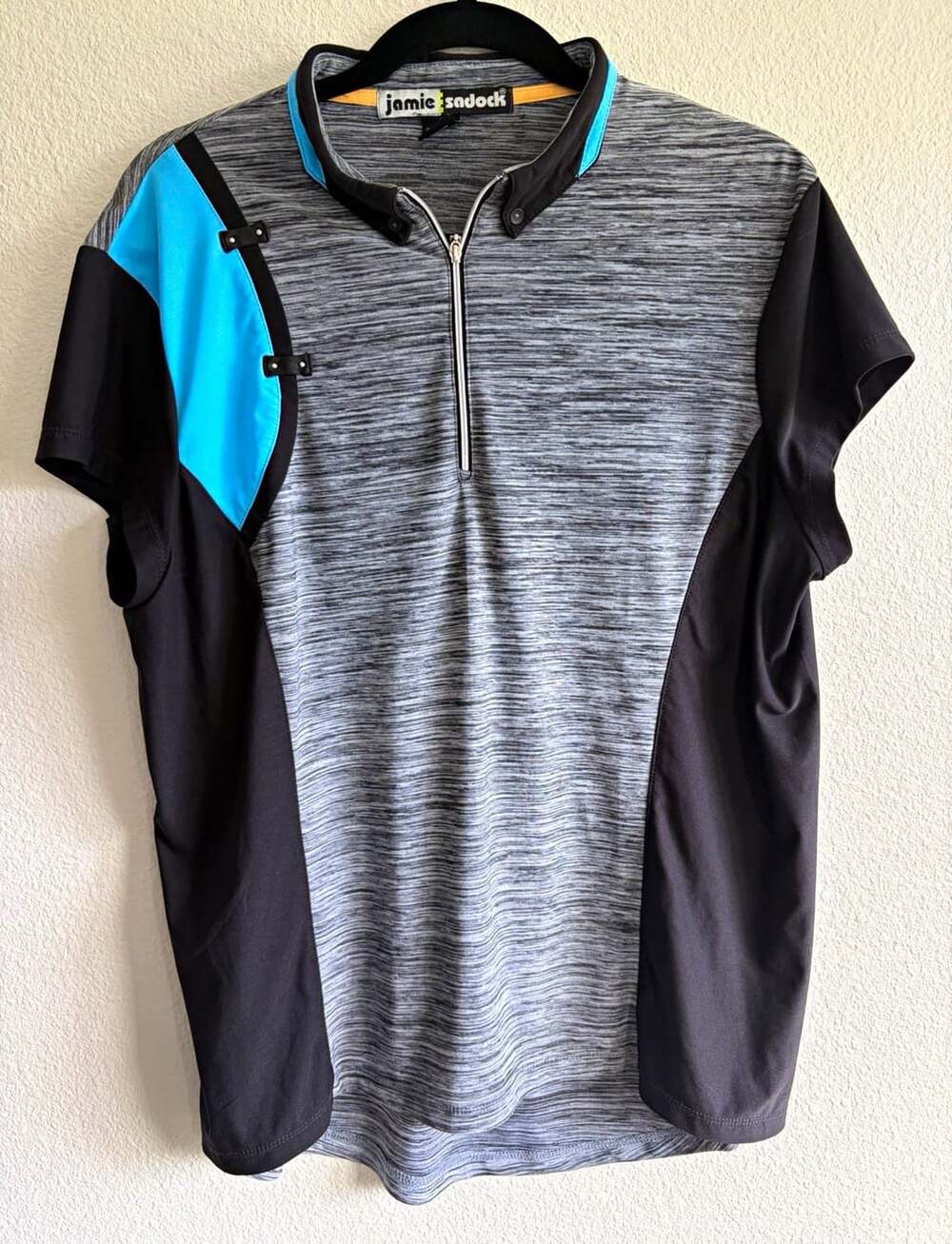 Jamie Sadock Women’s L Heathered 1/4 Zip Stretch Knit Polo Gray Black Blue